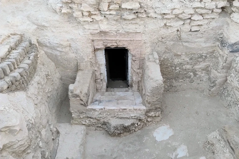 The courtyard area of the newly discovered tomb comprises several well-preserved architectural features, including a staircase with ramps on either side giving access to the tomb.