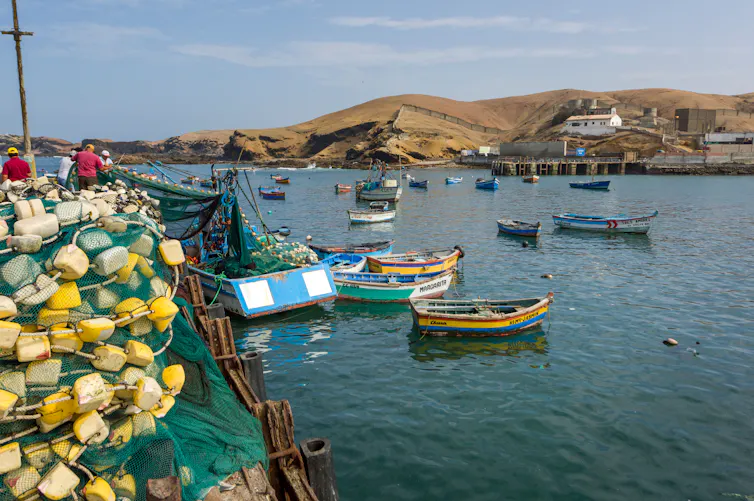 small colourful fishing boats and nets on sea