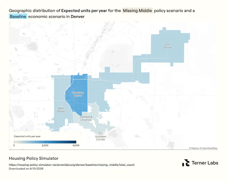 A map of Denver and its surrounding areas uses different shades of blue to show how many units are expected to be constructed under a missing middle policy scenario.
