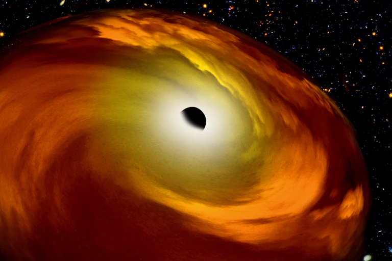 An illustration of a black hole drawing in a cloud of gas in space
