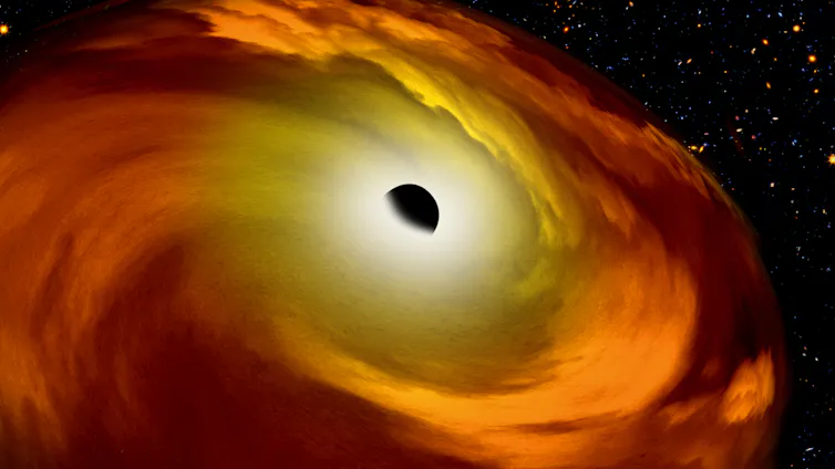 An illustration of a black hole drawing in a cloud of gas in space