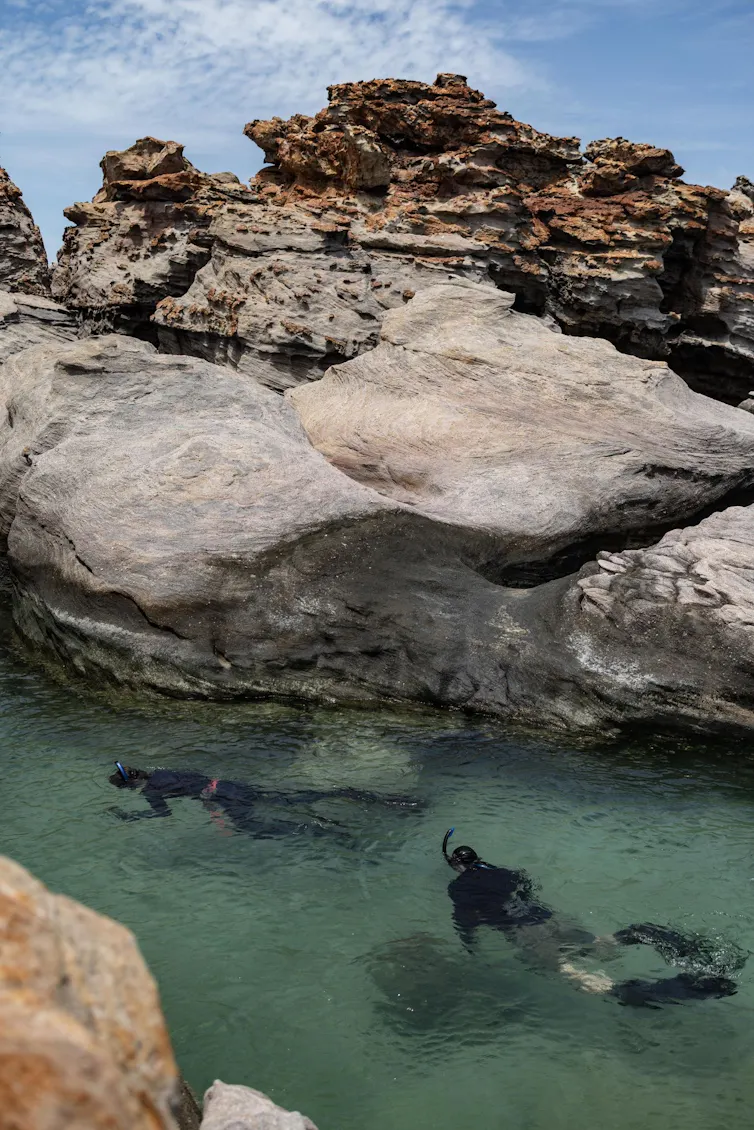 A group of divers near a big rocky outcrop.