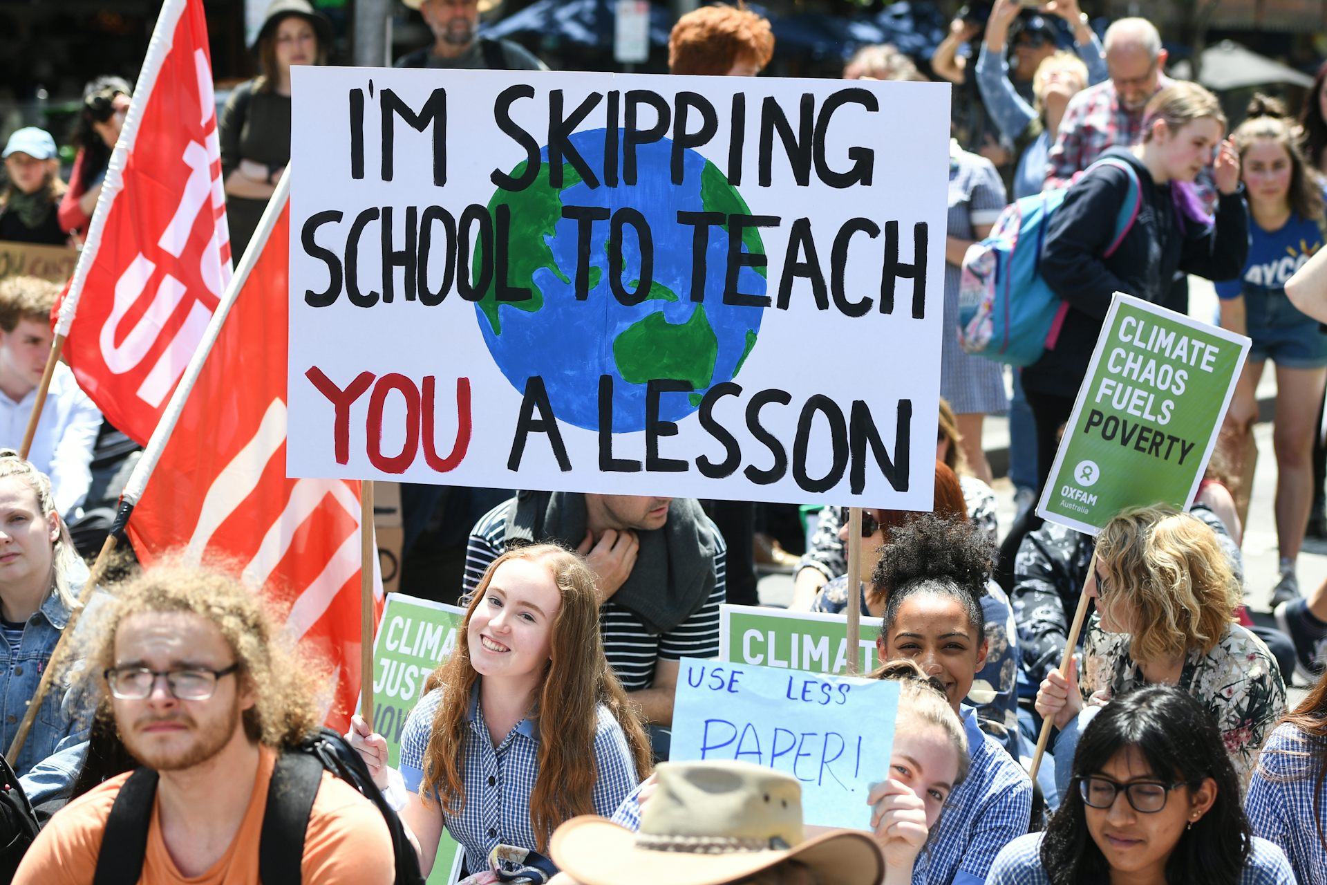 Student activists from School Strike for Climate Australia outside the Victorian Parliament in Melbourne in 2019.