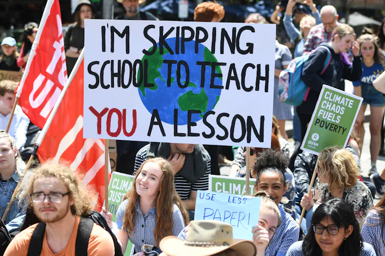 Student activists from School Strike for Climate Australia outside the Victorian Parliament in Melbourne in 2019.