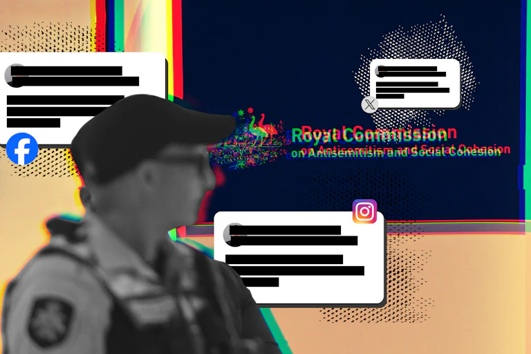 A police officer in front of a sign for the Royal Commission on Antisemitism and Social Cohesion