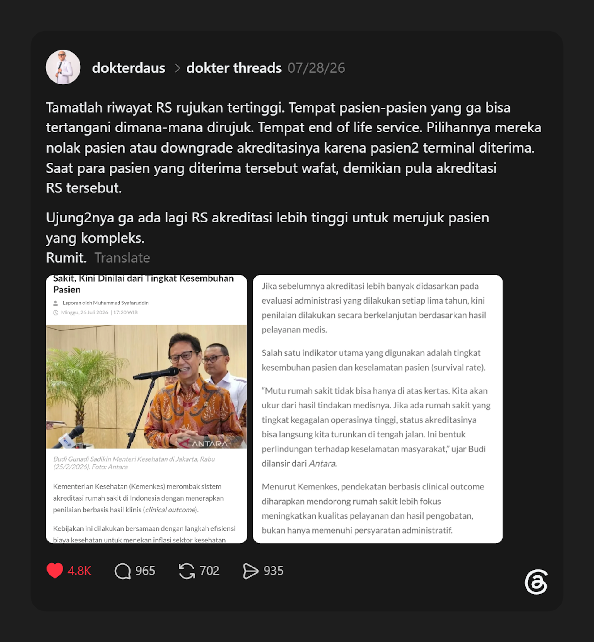 Wacana penilaian mutu RS berbasis kesembuhan pasien menuai kritikan dari sejumlah dokter.