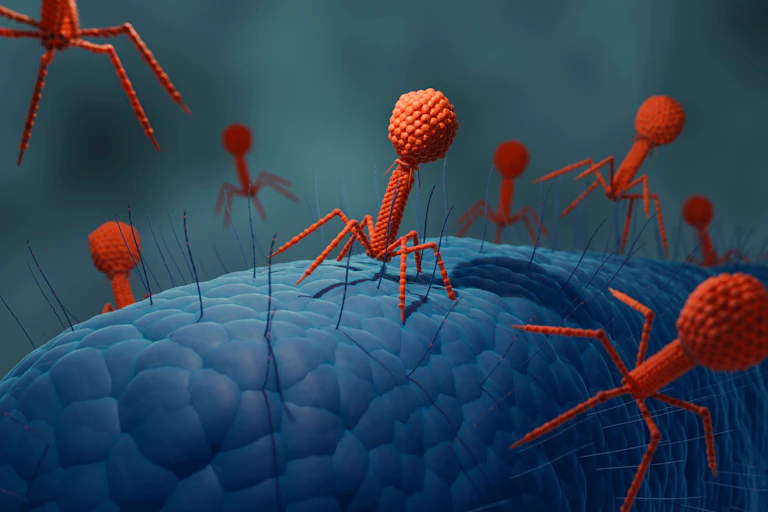 Phages attacking a bacterium.