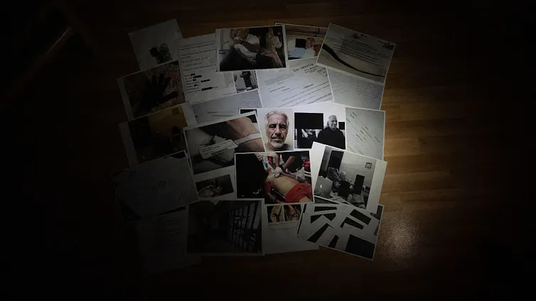 Several photographs of a bearded man and documents are spread on a table.