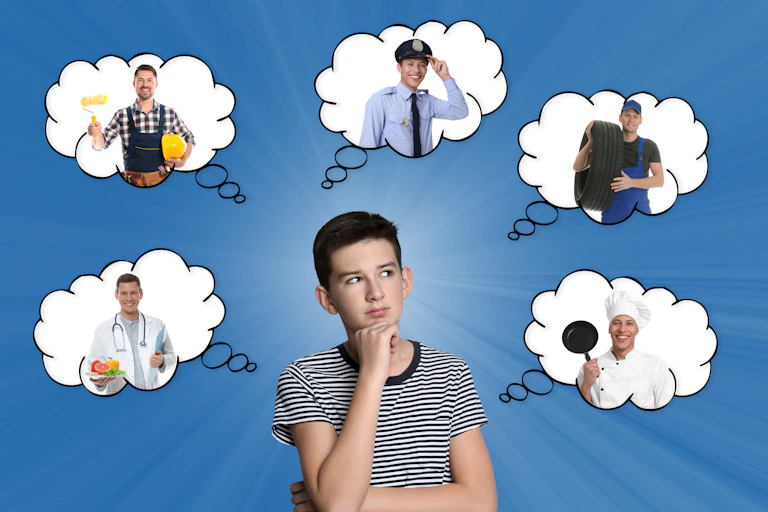 Teenage boy choosing future profession with thought bubbles.
