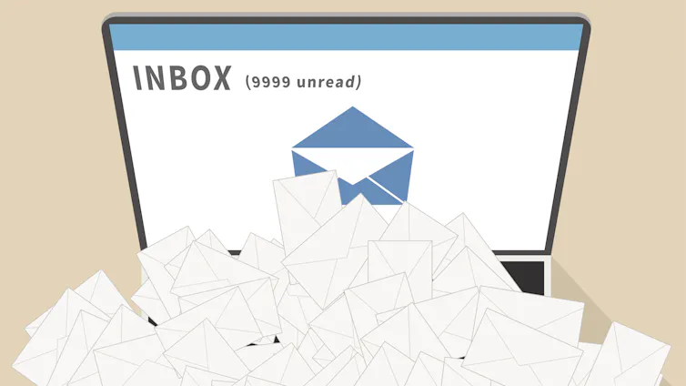 A cartoon image shows a screen that says inbox, with many white envelopes around it.