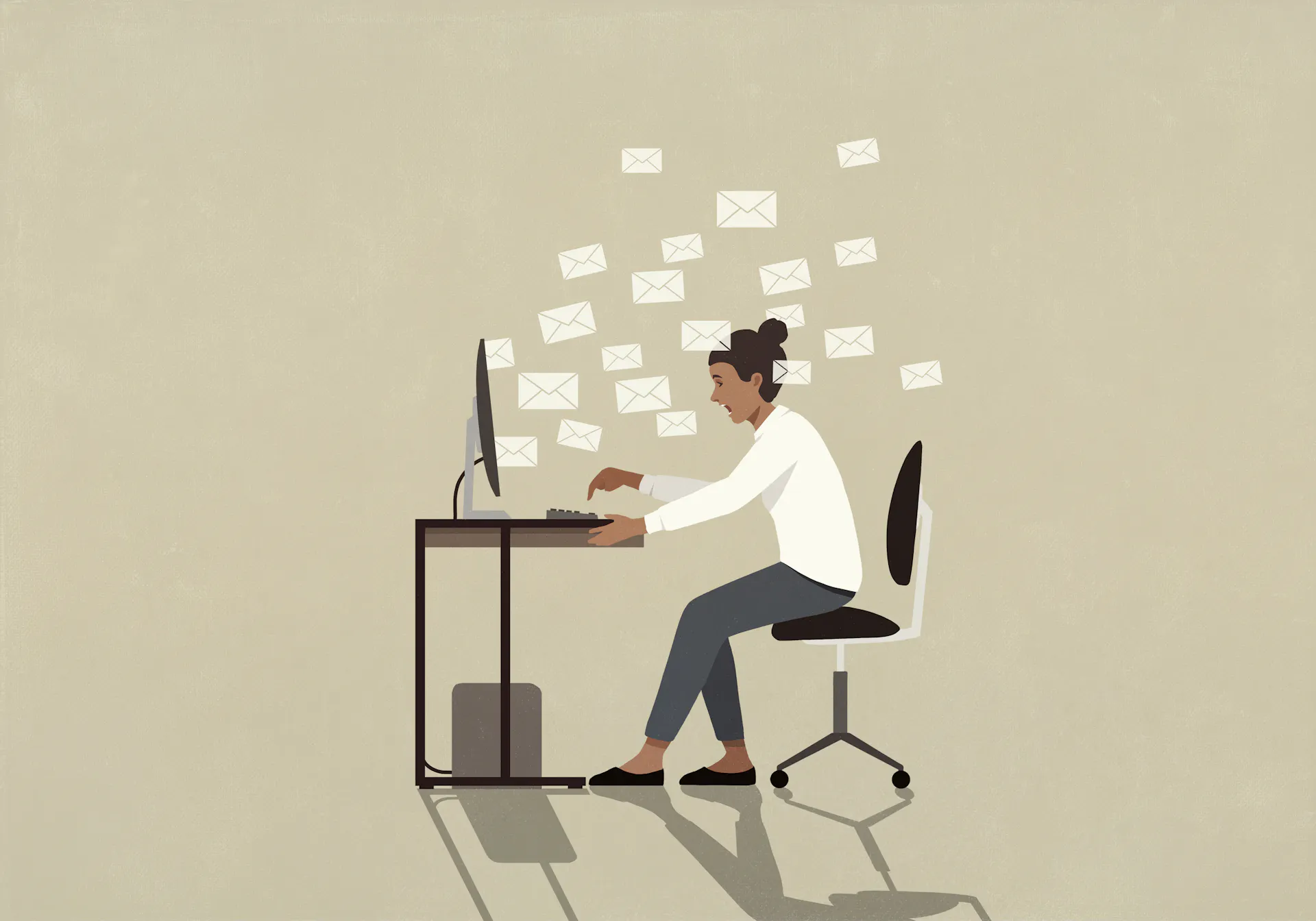 A cartoon image shows a person sitting at a desk in front of a computer with white boxes coming out of it.