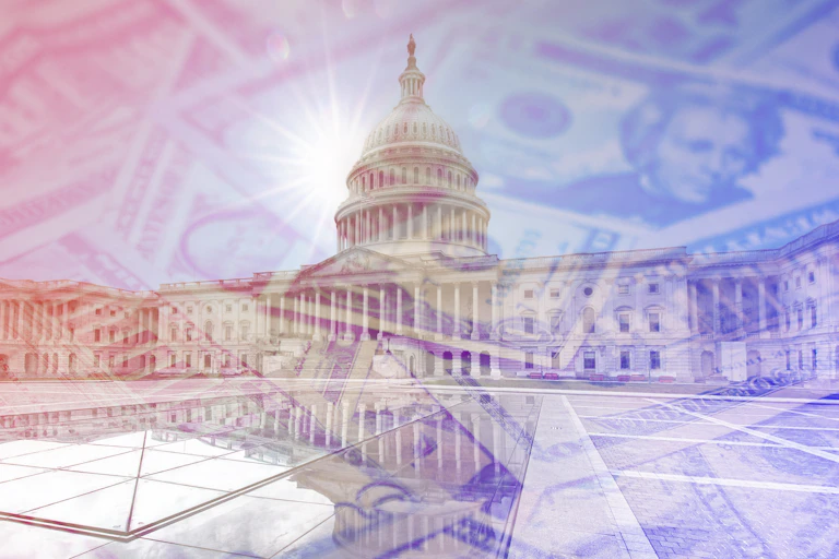 A photo of a federal building with dollar bills superimposed over it.