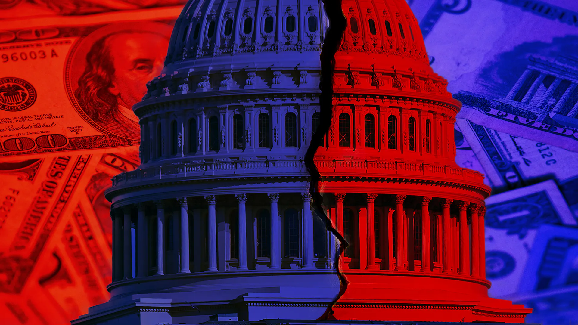 A red- and blue-tinted image of a federal building with dollar bills superimposed over it.