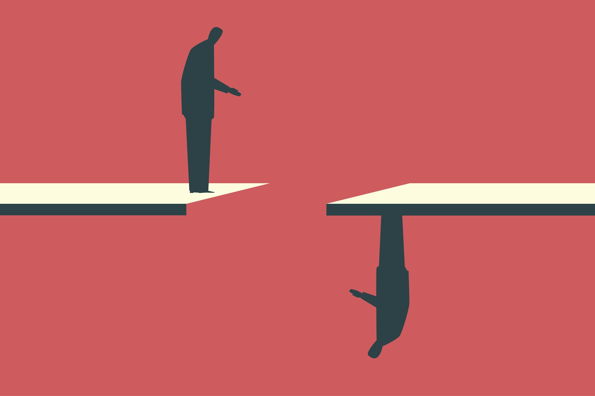 Graphic on a red background of a silhouetted businessman standing on a white ledge, looking across a gap at another businessman standing upside-down on an opposing ledge