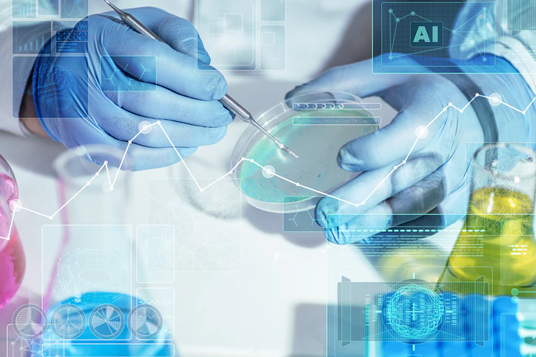 Close up of blue-gloved hands analysing a Petri dish with a stainless steel spatula and holographic data for faster diagnostics and research.