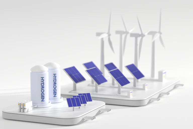 An artist's impression of an energy system combining hydrogen, wind turbines, solar panels, battery renewable power and tank containers for storage fuel.
