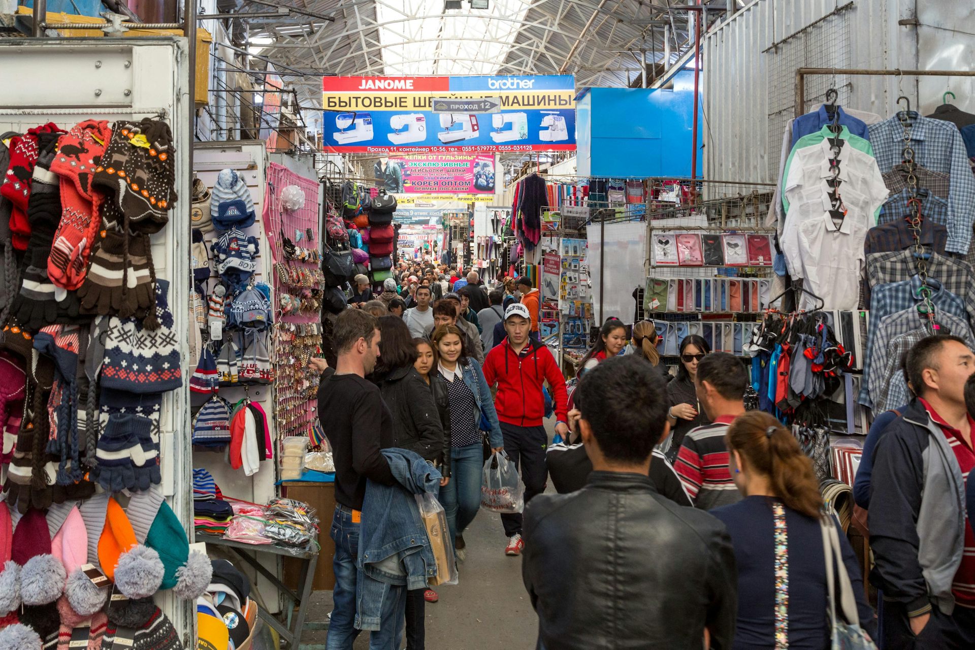 People shopping at the Dordoi Bazaar in Bishek, Kyrgyzstan.