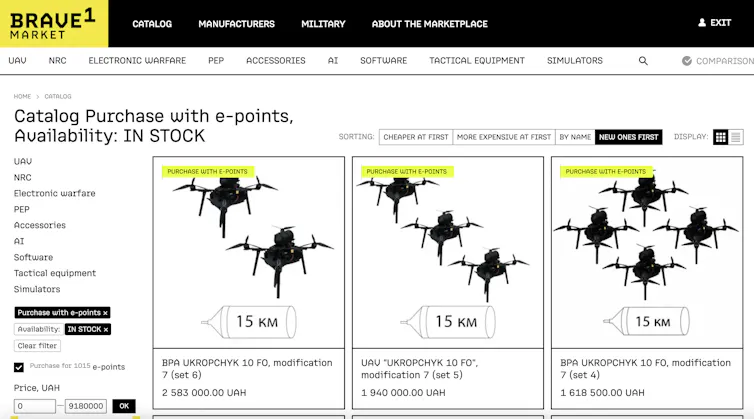 A screenshot of the Brave1 online store page, featuring different drones for sale.