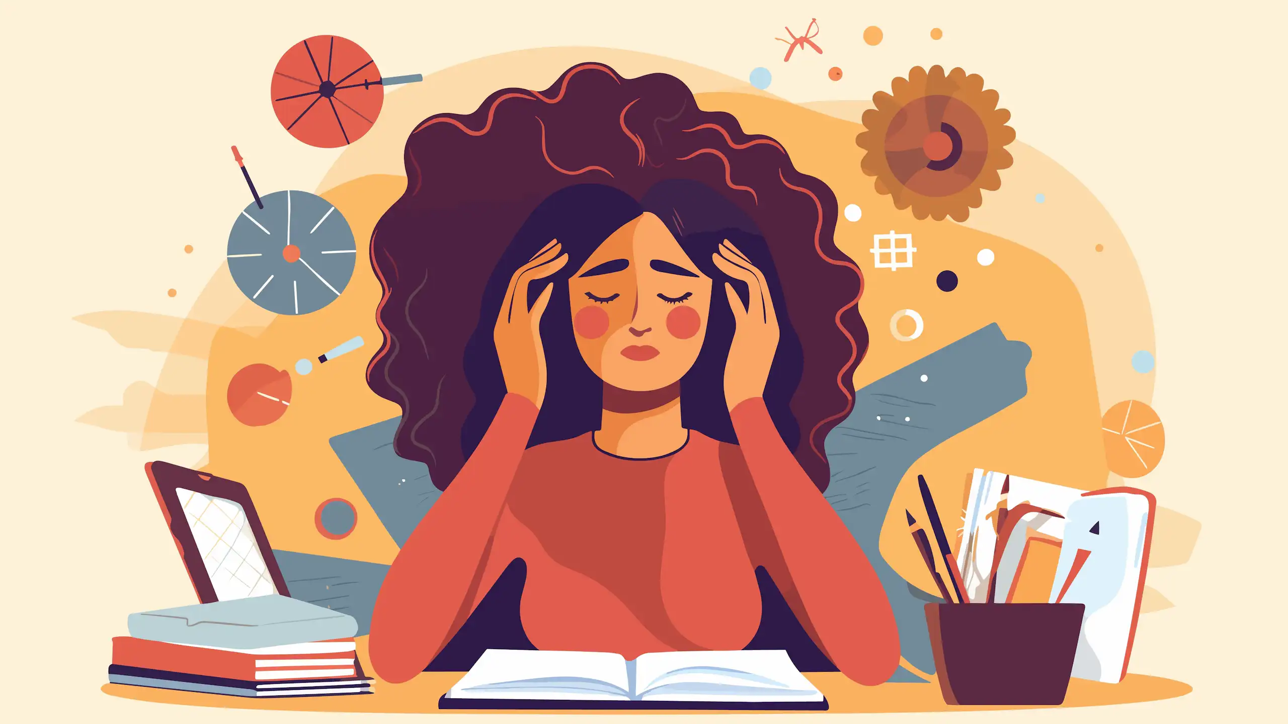 An illustration of a woman looking stressed. She has her eyes closed and her hands by her head. There is an assortment of tasks and reminders swirling around her.
