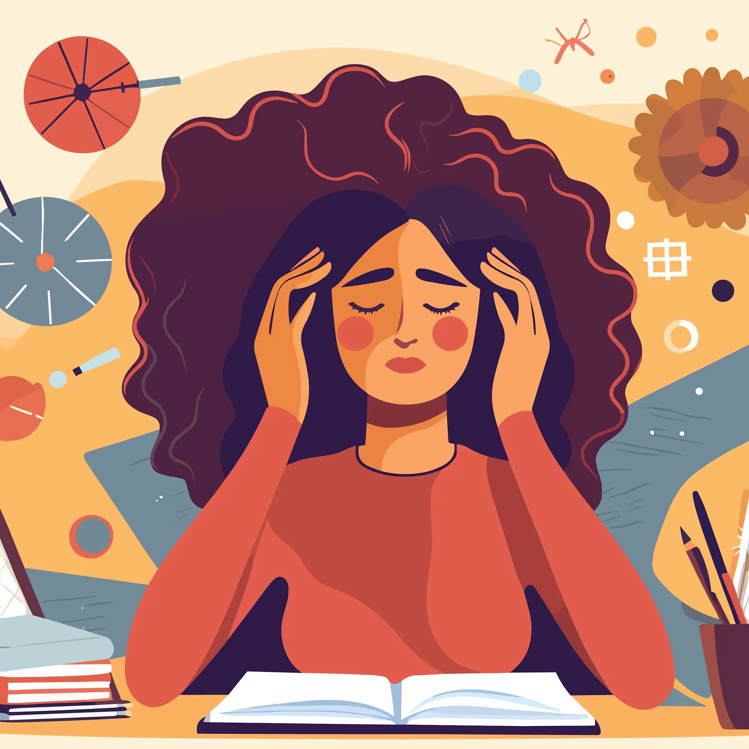 An illustration of a woman looking stressed. She has her eyes closed and her hands by her head. There is an assortment of tasks and reminders swirling around her.