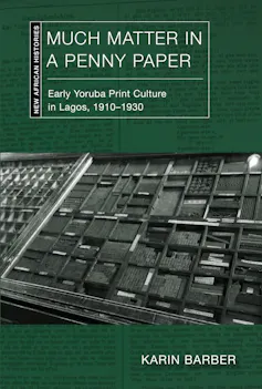 A book cover in green with a black and white photo of vintage printing equipment.