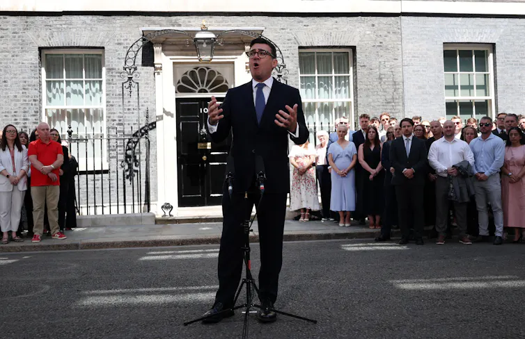 andy burnham outside 10 Downing Street giving his first speech as prime minister.