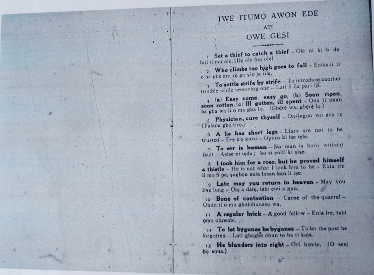 A vintage newspaper page with definitions in two languages, English and Yoruba, like a dictionary for proverbs.