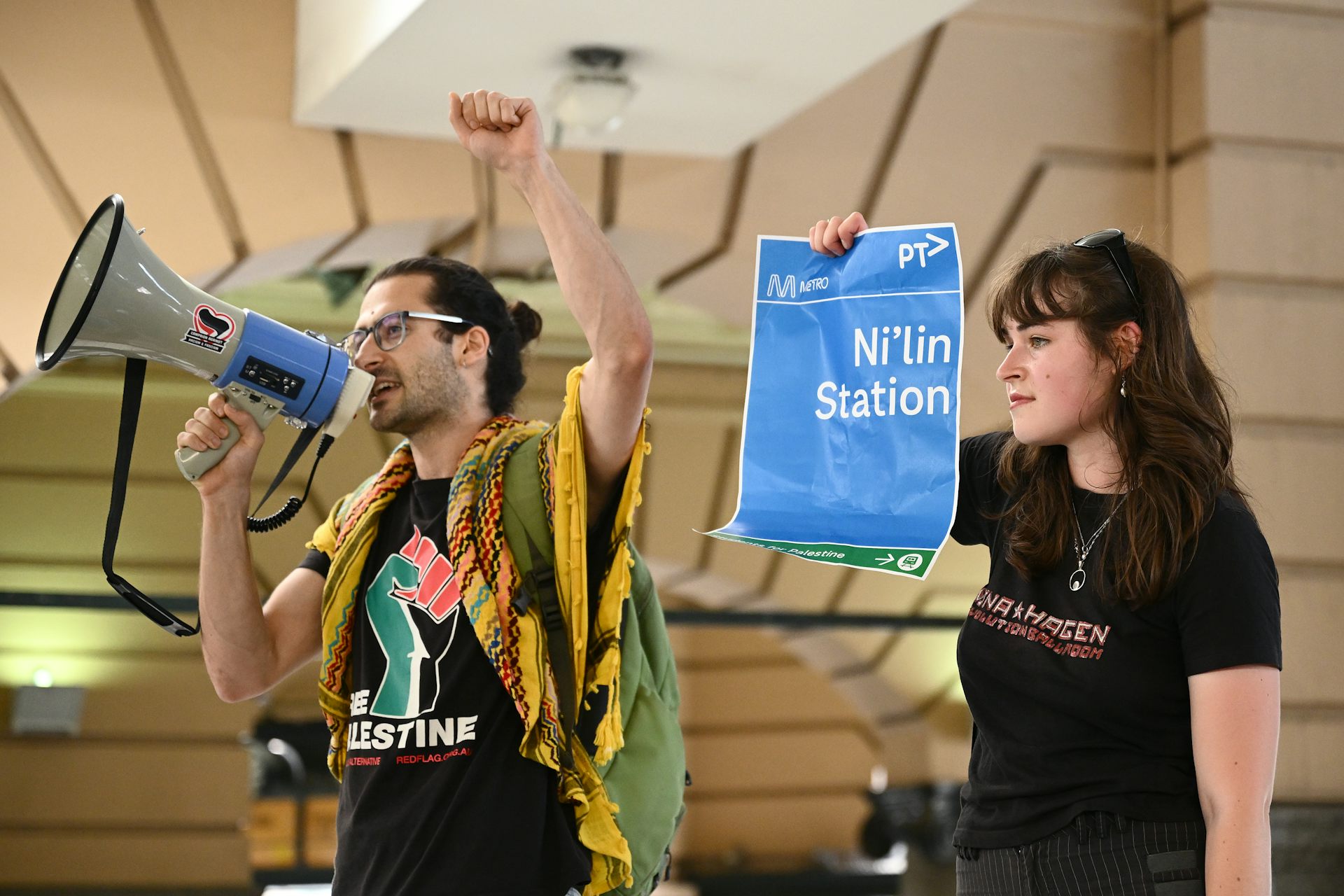 Young protesters occupy Flinders Street Station during the School Strike for Palestine.