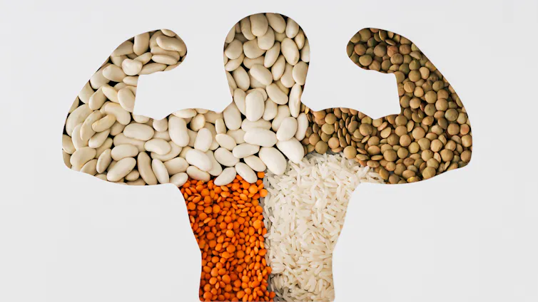 Strong body silhouette filled with beans, lentils and rice on white background.
