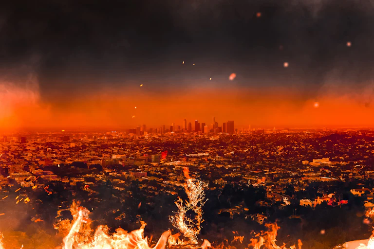 burning city, red flames and black sky
