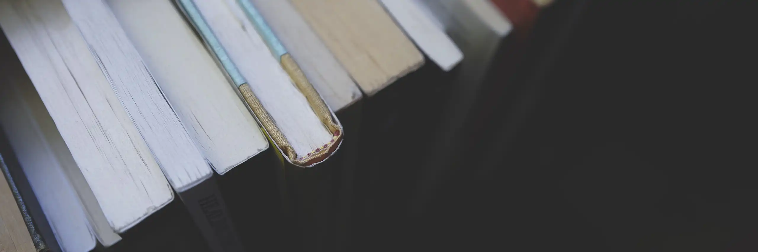 Rangée de livres sur une étagère vue d'en haut.