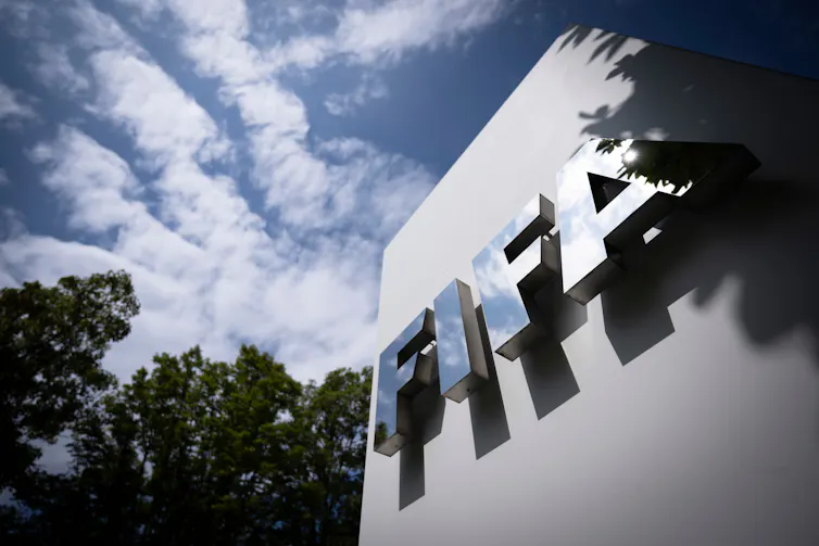 The FIFA logo on a wall