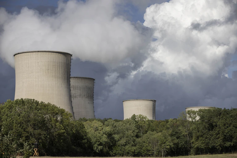 cooling towers of a nuclear plant rise above trees