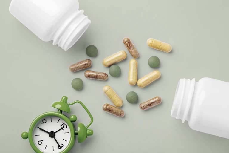 Supplement tablet, vitamin capsule with medical bottle and alarm clock on green background, top view