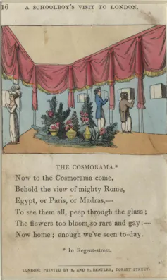 Illustration and short poem about a schoolboy's visit to the Cosmorama Rooms.