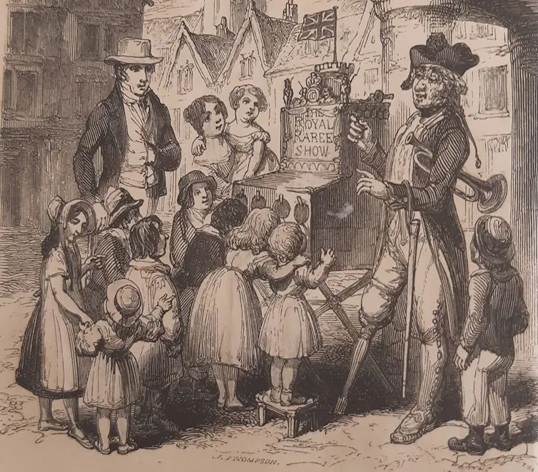 Illustration of a London peepshow (1839).
