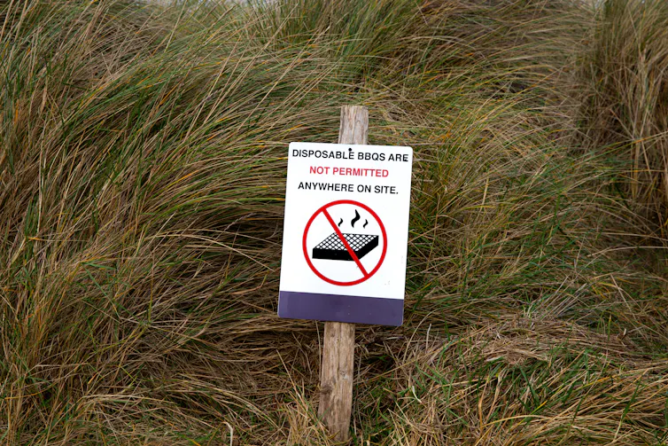 sand dune grass, white signpost says disposable barbecues are not permitted on this site
