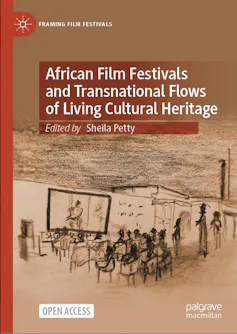A book cover in brown and red featuring a sketch of people sitting watching a film on a screen in an outdoor urban setting.