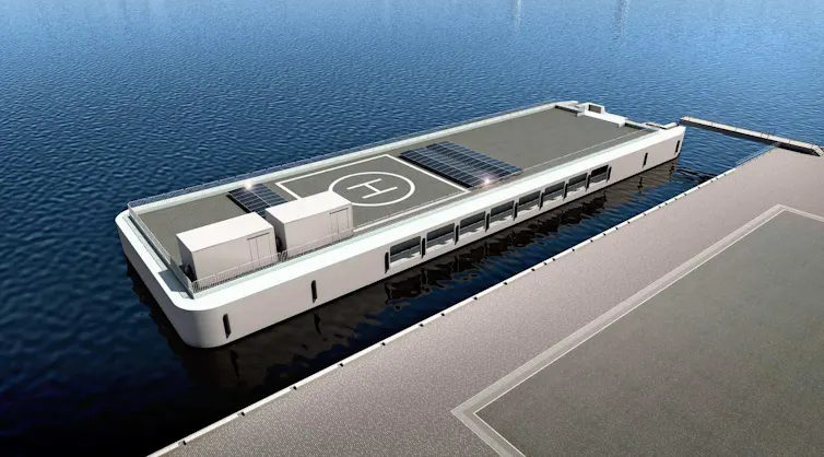 A diagram shows a floating barge tethered to a pier, with shipping containers, solar panels and a helipad.
