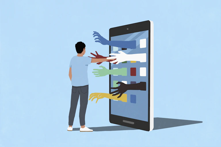 Illustration of different-colored arms reaching out from a smartphone screen, trying to touch a man who's trying to keep the phone at arm's length.