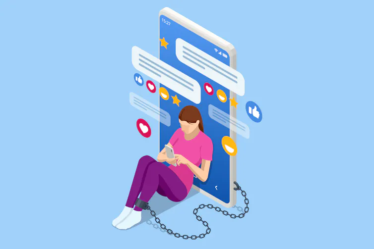 Illustration of a woman sitting with her back resting on a large smartphone screen, with one of her legs chained to the smartphone.