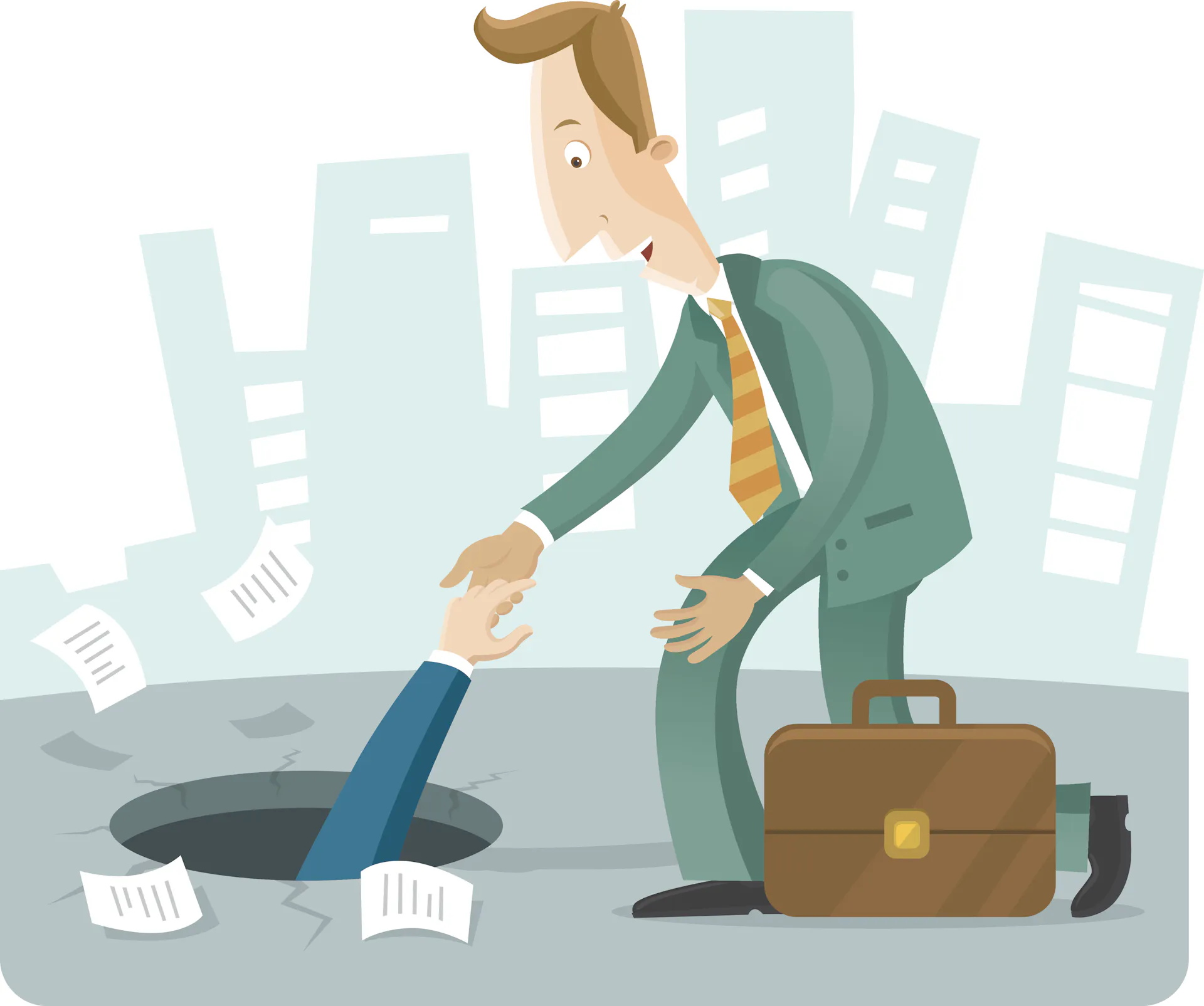 A man in a green suit leans down to pull someone else in a suit out of a manhole.