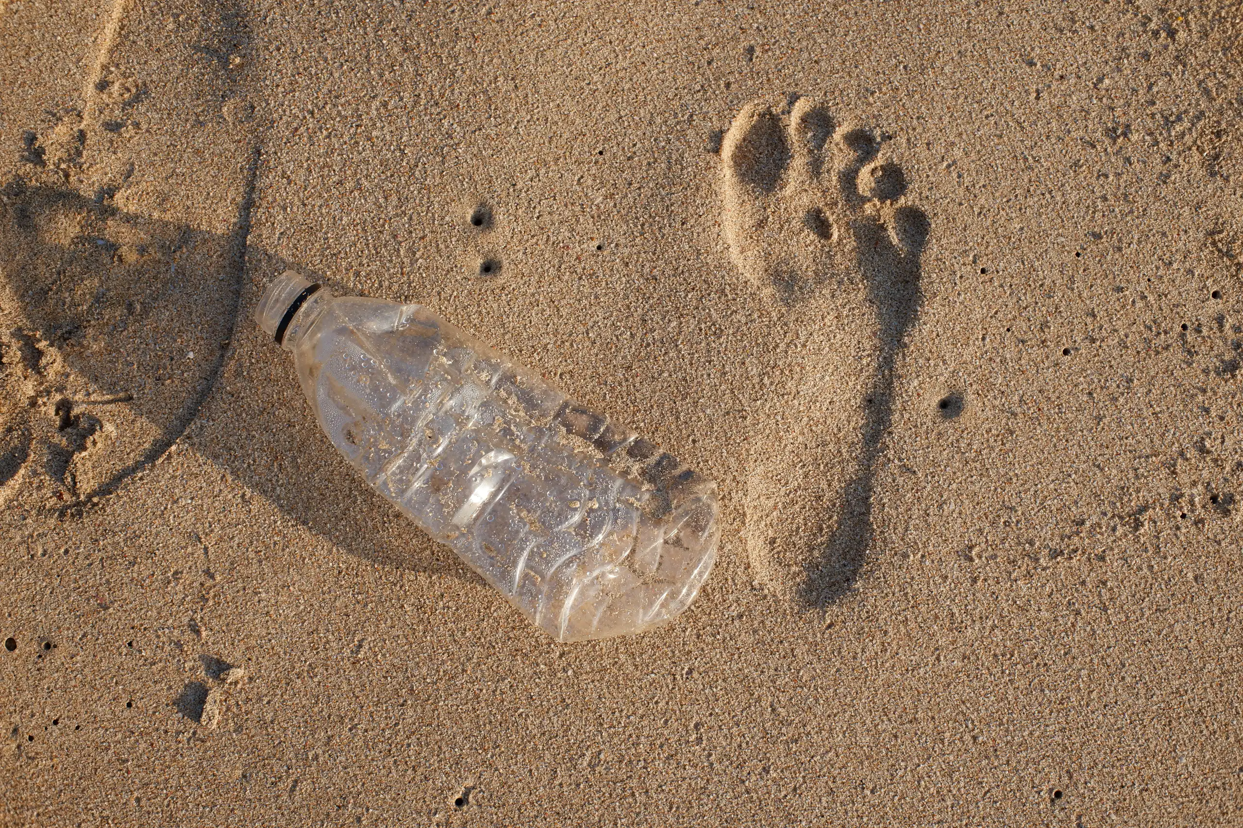 Une empreinte de pas sur le sable de la plage posée à côté d’une bouteille en plastique, vide et chiffonnée.