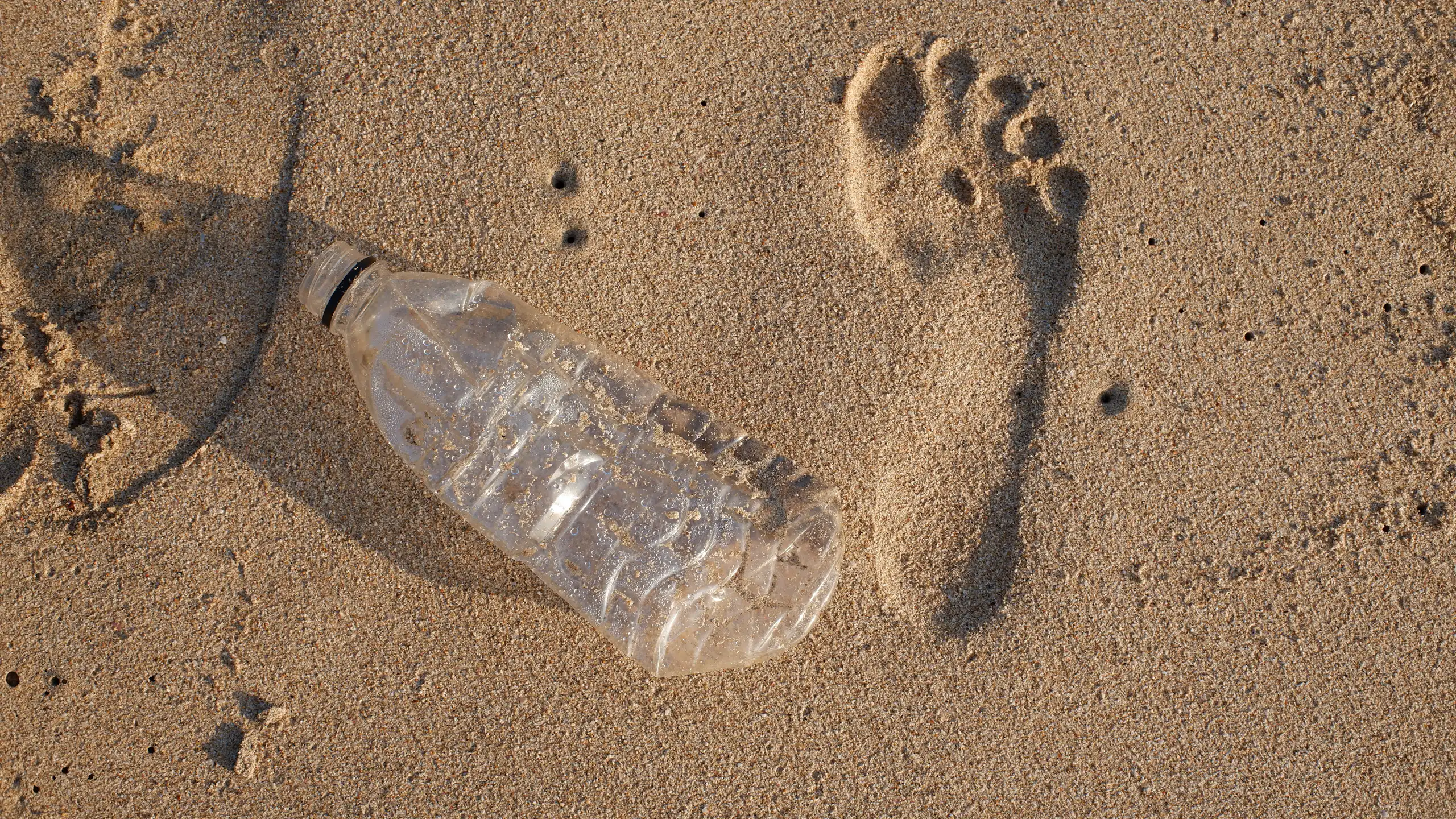 Une empreinte de pas sur le sable de la plage posée à côté d’une bouteille en plastique, vide et chiffonnée.
