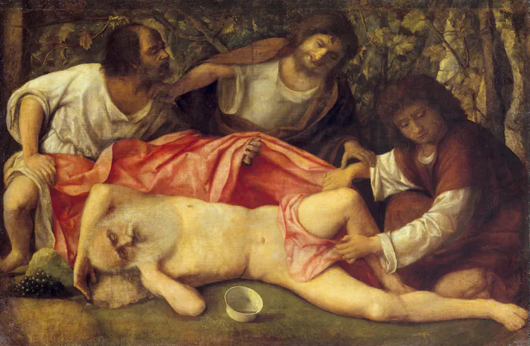painting of naked and drunk Noah surrounded by his sons