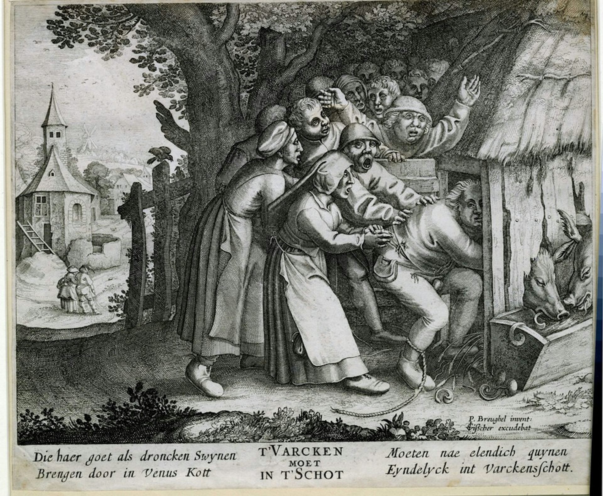 Engraving of a drunken peasant being pushed into a pigsty by a group of people
