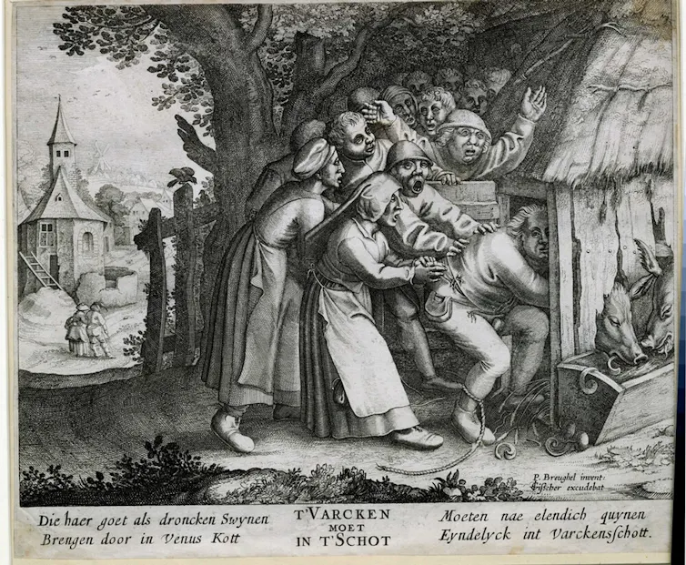 Engraving of a drunken peasant being pushed into a pigsty by a group of people