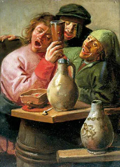 Painting of three men drunkenly singing