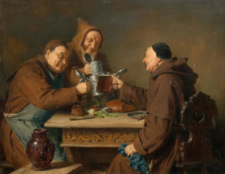 Painting of three monks clinking their flagons of beer.