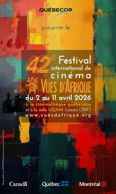 a poster with abstract colours and city shapes